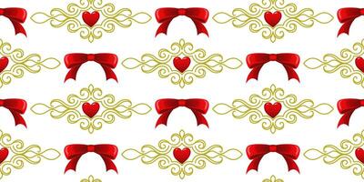 A pattern of red bows and gold swirls with a heart in the middle. For fabric, wallpaper, wrapping paper, holiday packaging. vector