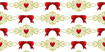 A pattern of red bows and gold swirls with a heart in the middle. For fabric, wallpaper, wrapping paper, holiday packaging. vector