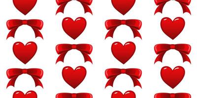 Seamless pattern of red hearts with red bows in between them. Concept of love and romance. For fabric, wallpaper, wrapping paper, holiday packaging. vector