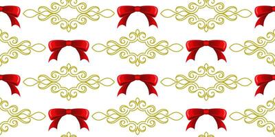 A pattern of red bows and gold swirls on a white background. For fabric, wallpaper, wrapping paper, holiday packaging. vector