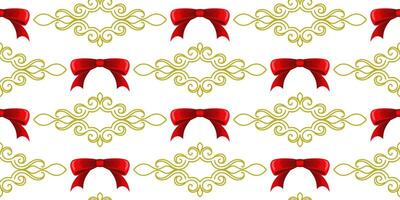 A pattern of red bows and gold swirls on a white background. For fabric, wallpaper, wrapping paper, holiday packaging. vector