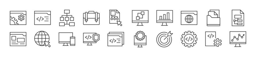 Pack of linear symbols of programming. Editable stroke. Linear symbol for web sites, newspapers, articles book vector