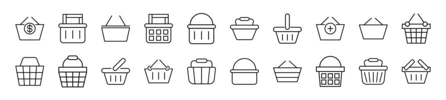 Set of line icons of shopping baskets. Editable stroke. Simple outline sign for web sites, newspapers, articles book vector