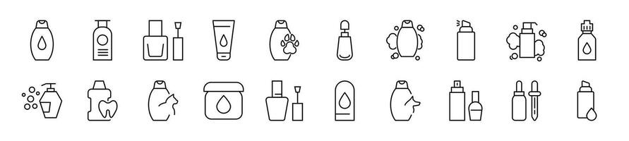 Collection of thin signs of cosmetic bottle. Editable stroke. Simple linear illustration for stores, shops, banners, design vector