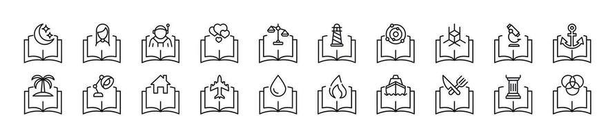 Collection of outline symbol of items over books. Editable stroke. Simple linear illustration for stores, shops, banners, design vector