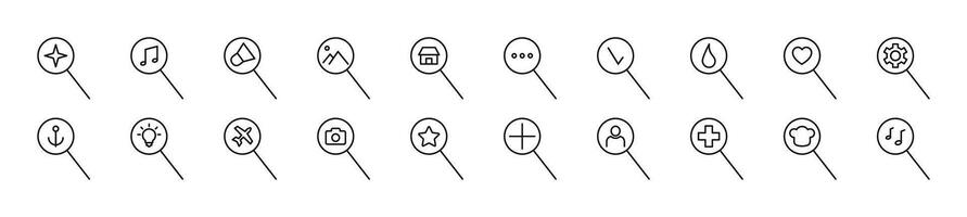 Items in magnifying glass linear icons collection. Editable stroke. Simple linear illustration for web sites, newspapers, articles book vector