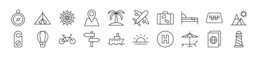 Set of thin line icons of travel. Editable stroke. Simple linear illustration for web sites, newspapers, articles book vector