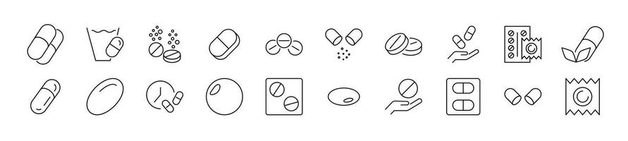 Pack of linear symbols of medications, pills, drugs. Editable stroke. Linear symbol for web sites, newspapers, articles book vector