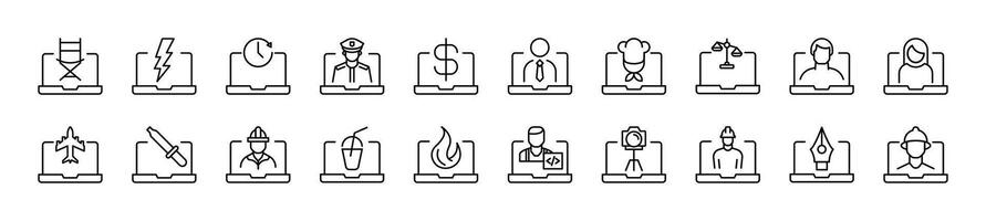 Collection of thin line icons of items on laptop. Editable stroke. Simple linear illustration for web sites, newspapers, articles book vector