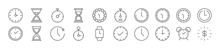 Bundle of linear symbols of clock as time. Editable stroke. Linear symbol for web sites, newspapers, articles book vector