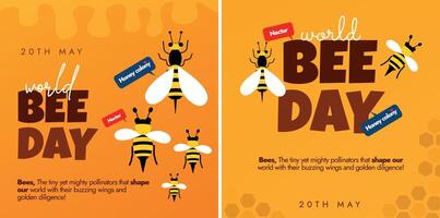 World Bee Day. 20th May World Bee Day celebration banners, post templates with Honey bees and honey comb pattern on orange background. The Day focus on importance of preserving honey bees, pollinators vector