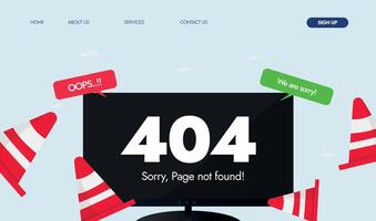 404 error. Error 404 on black screen cover banner, web page template with red traffic cones, speech bubbles oops, we are sorry. System error, broken page template for website vector