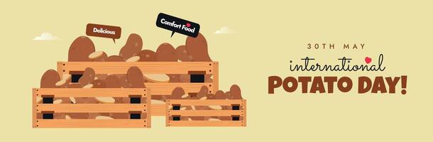 International Potato day. 30th May International Potato day celebration cover banner with three crates and potatoes in them. The potato, an important crop that is consumed by over one billion people. vector