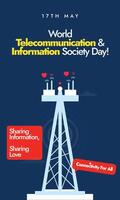 mundo telecomunicación y información sociedad día. 17 mayo mundo telecomunicación y información sociedad día celebracion vertical bandera, historia enviar con telecomunicaciones torre, habla burbuja, corazón señales vector