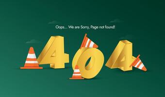 404 error. Error 404 page not found cover banner, web page template. 404 written in 3d golden colour on green background. The 404 code means that a server could not find a client-requested webpage. vector