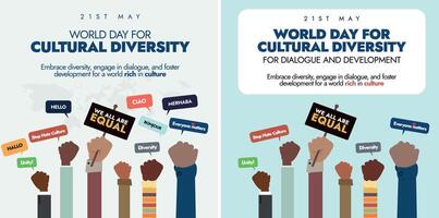 World Day for cultural diversity 21 May 2024. World day for cultural diversity for dialogue and development cover banner, post with hands of different colour tones holding banners to show unity. vector