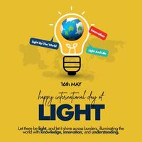 International day of light. 16th May 2024 International light day celebration banner with silhouette world map, light bulb, earth globe in it, speech bubbles with yellow background. Light In Our Lives vector