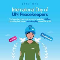 International day of UN Peacemakers. 29 May International Day of UN peacemakers tribute banner with a man wearing UN cap, shirt. We honour the memory of those who lost their lives in cause of peace vector