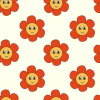 Retro Seamless Pattern 70s 60s 80s Hippie Groovy cute Red Flower with toothy smile face. Flower power. flat illustration. vector