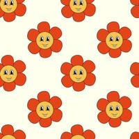 Retro Seamless Pattern 70s 60s 80s Hippie Groovy cute Red Flower with toothy smile face. Flower power. flat illustration. vector