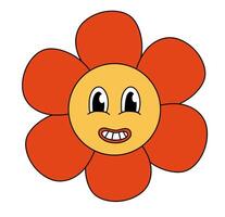 Retro 70s 60s 80s Hippie Groovy cute Red Flower. Smiling face. Flower power element. illustration isolated on a white background. vector