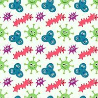 Seamless Pattern with Cute cartoon characters virus, bacteria, microbe. Microbiology organisms funny face wallpaper. Mascot expressing emotion background. children illustration in flat design. vector
