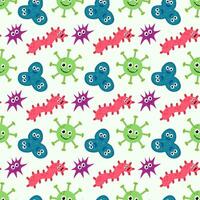 Seamless Pattern with Cute cartoon characters virus, bacteria, microbe. Microbiology organisms funny face wallpaper. Mascot expressing emotion background. children illustration in flat design. vector