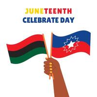 Black hand holding two Juneteenth flags. Independence day nation sign vector