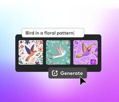 Prompt command generate three pictures of bird. Generated three images to choose from. Artificial intelligence helps to designer to create similar pictures. Ai offers options for different images vector