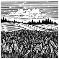 Rural landscape with wheat field, meadow and hillside. Black and white ink illustration in sketch line style. vector