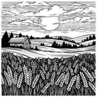 Rural landscape with wheat field, house and hillside. Black and white ink illustration in sketch line style. vector