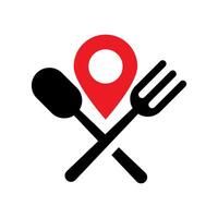 Map point with spoon and fork isolated on white background. Map pin icon with restaurant sign. vector