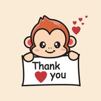 Funny cartoon illustration of monkey and thank you note vector