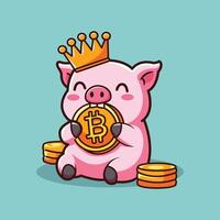 Funny cartoon illustration of pig and bitcoin vector