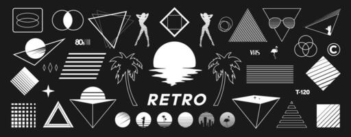 Set of retrowave design elements. Sunset, RETRO title with palm tree, pyramid, sexy woman, VHS sign, flamingo, 80s title, geometry. Pack of retrowave 1980s style design elements. vector