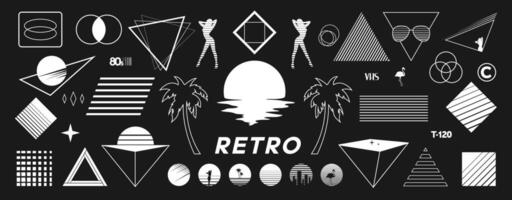 conjunto de retrowave diseño elementos. atardecer, retro título con palma árbol, pirámide, sexy mujer, vhs firmar, flamenco, Años 80 título, geometría. paquete de retrowave 1980 estilo diseño elementos. vector