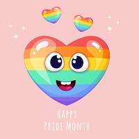 Card with cartoon rainbow smile heart. Poster, banner with LGBTQ pride month symbol vector