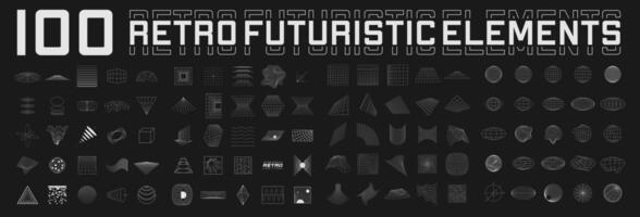 Set of retrofuturistic design elements. Perspective grids, tunnels, RETRO title, polar grid, geometry, portals, gravity visualization. Pack of cyberpunk 80s style design elements. vector