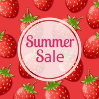 Summer sale, discount banner, card, social media post template with strawberry background vector