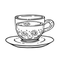 taza de té con sano té, manzanilla. mano dibujado ilustración en contorno estilo. vector