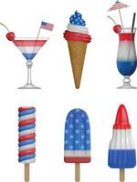 4to de julio piscina fiesta elementos. aislado hielo caramelos y cócteles con Estados Unidos bandera colores vector