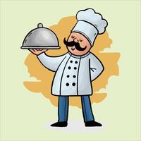 chef holding a cloche with a dish on it vector