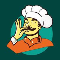 retro dibujos animados cocinero con Bigote y Bigote haciendo un paz firmar vector