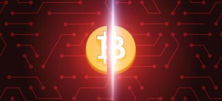 Bitcoin Halving. Coin on red background with circuits vector