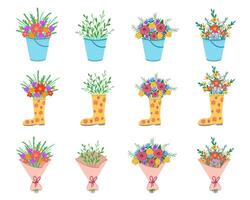 Set of flower bouquets. Bunch of plants in bucket, rubber boot, in package. Illustration for backgrounds and packaging. Image can be used for cards and posters. Isolated on white background. vector