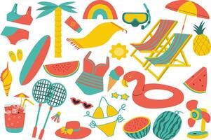 conjunto de verano símbolo y elementos. dibujos animados para playa y día festivo. vector