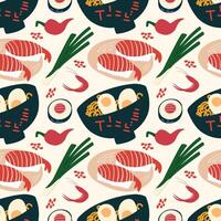 Seamless pattern with ramen noodle and sushi. Asian menu. vector