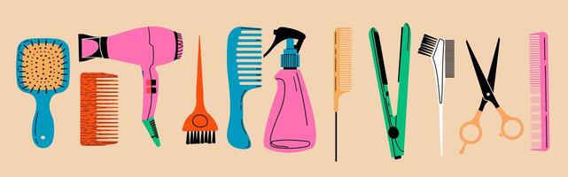 conjunto de equipo para un peluquero. pelo secadora, cepillo para el pelo, tijeras y diferente profesional herramientas vector