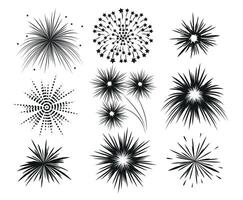 Set of firework icons. Fireworks with stars and sparks isolated on white background. Design template for celebrating concept, greeting cards, banners. vector