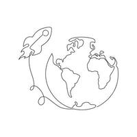 Globe and rocket drawn in one continuous line. One line drawing, minimalism. vector